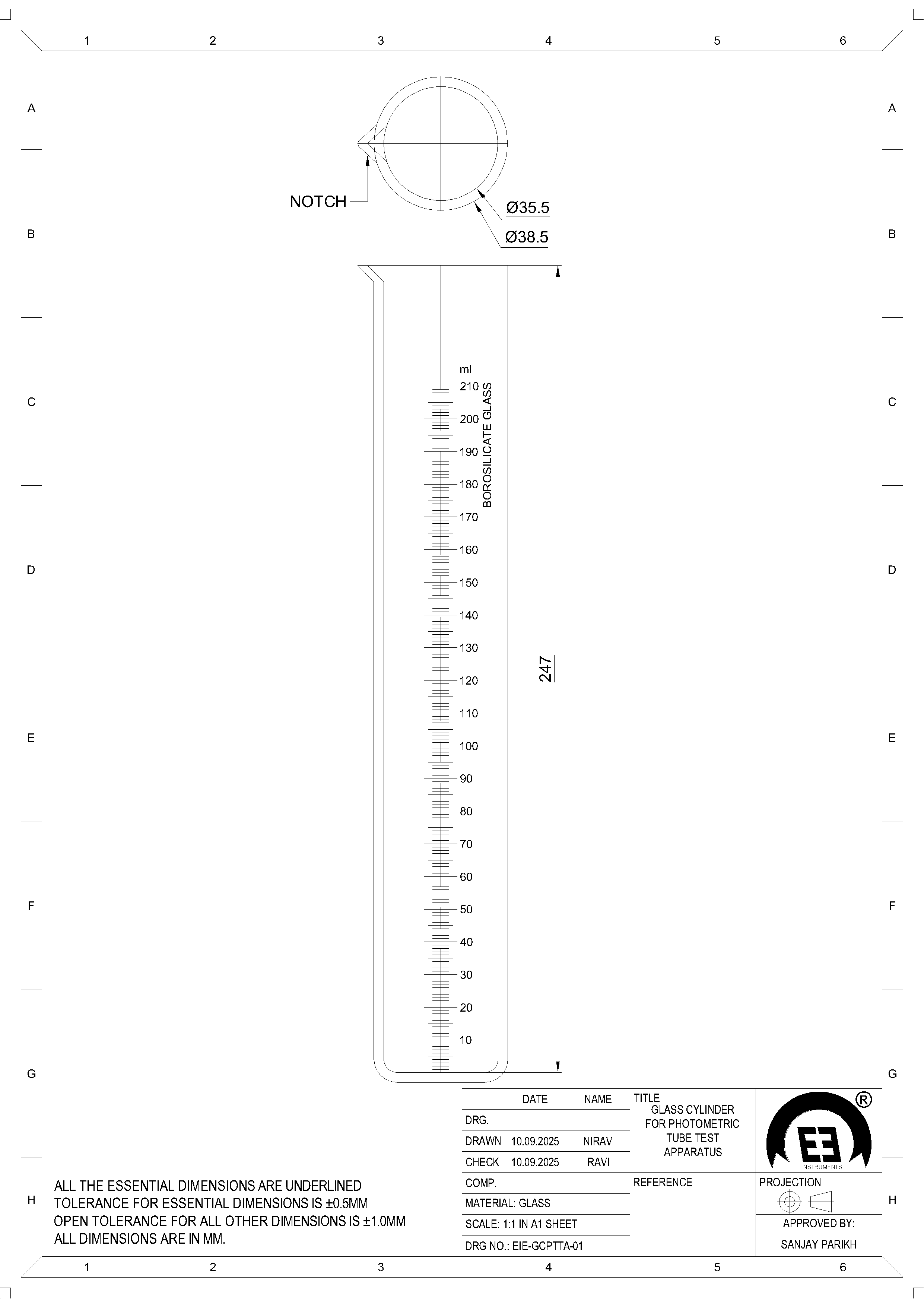 GLASS CYLINDER FOR PHOTOMETRIC TUBE TEST APPARATUS